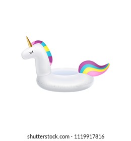 Unicorn inflatable swimming pool ring, tube, float. Vector realistic 3d unicorn icon. Isolated.