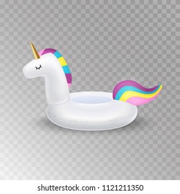 Unicorn inflatable swimming pool ring, tube, float. Vector realistic 3d unicorn icon. Isolated on transparency background.