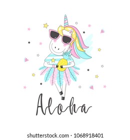 Ð¡ute unicorn with inscription - Aloha. For print design. Can be used for poster, greeting card, bags, t-shirt. Vector  Illustration
