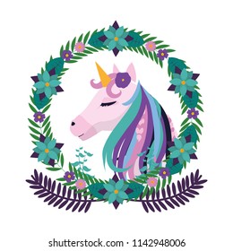 unicorn inside circle branches flowers and leaves