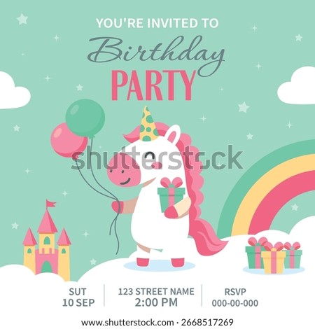 Unicorn Invitation. Cute vector birthday invitation with a unicorn on a cloud, balloons, rainbow and castle. Mint and hot pink shades will create a magical fairy tale atmosphere at a children's party