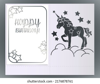 Unicorn invitation, greeting card   for children party. Template for laser cutting, wood carving, paper cut and printing. Vector illustration.