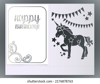 Unicorn invitation, greeting card   for children party. Template for laser cutting, wood carving, paper cut and printing. Vector illustration.