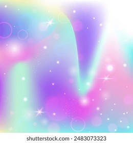 Invitación - Unicornio. Patrón de arco iris rosa. Fondo Kawaii. Efecto místico holográfico. Degradado Destellos púrpuras. Holograma azul borroso. Princesa de fondo. Invitación de unicornio de sueño.