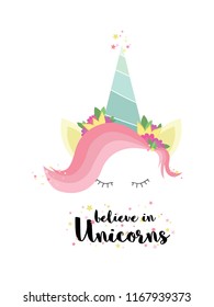 Unicorn isolated icon vector. Soft colors unicorn face design. Believe in unicorns quotevb illustration.