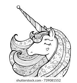 Unicorn isolated. Magical animal. Vector artwork. Black and white. Coloring book pages for adult and kid. Funny character. Zentangle Illustration. Boho, bohemian. Fairytale concept, amazing wonderland