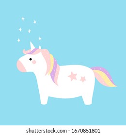 Unicorn Isolated On Blue Background Vector Illustration. Cute Cartoon Character.