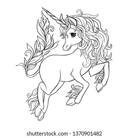 Unicorn isolated on white  background. Outline drawing.  Vector illustration. 