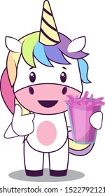 Unicornio con jugo, ilustración, vector sobre fondo blanco.