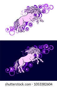 unicorn jumping  among the purple clouds and stars , vector illustration