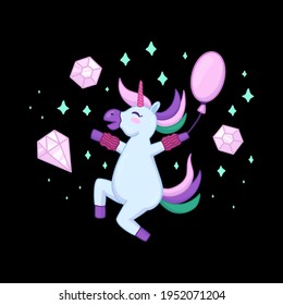Unicorn Springspass mit einem Ballon. Unicorn geht in Sport, Sport, Sport, Konzept für Mädchen Sportbekleidung. Kinderdruckgrafik, Vektorgrafik-Zeichnung.