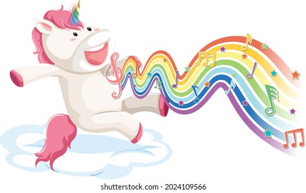Unicorn jumping on the cloud with melody symbols on rainbow wave illustration