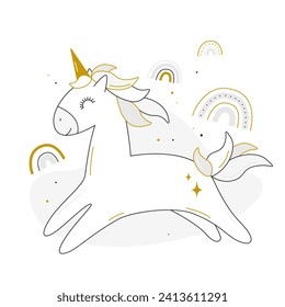 Unicorn jumps among rainbows.  Adorable Children's character in boho style for invitations, nursery decor, children's books, fashion, baby shower, birthday, clothing prints