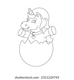 The unicorn jumps out of the Easter egg. Coloring book page for kids. Cartoon style character. 