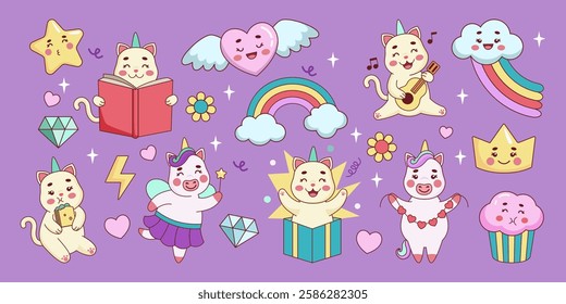 Unicorn kawaii. Rainbow cute pattern. Kids dessert icon. Baby art love. Party card. Cartoon animal. Happy birthday. Dream princess dancing. Fairy pony. Gift box. Vector pastel tidy magic elements set