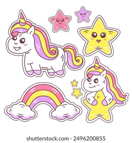 unicorn kawaii sticker set illustration. cute cartoon collection of unicorns, rainbows, stars. designs for children good for stickers, t-shirts, mugs