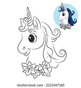Unicorn kids coloring page vector blank printable design for children to fill in