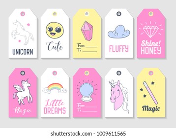 Unicorn Kids Tags Collection for Family Party Decoration. Vector illustration