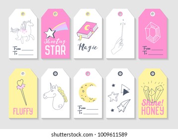 Unicorn Kids Tags Collection for Family Party Decoration. Vector illustration