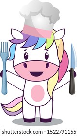 Unicorn with knife, illustration, vector on white background.