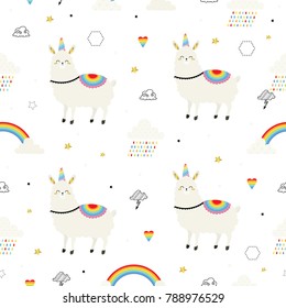 I am unicorn. Lama and rainbow. Cute vector seamless pattern.  All elements are  hidden under mask. Pattern are not cropped and can be edited.