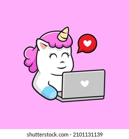 Unicorn and laptop cute cartoon illustration vector suitable for children books, stickers, banners, t-shirt, and other graphic product