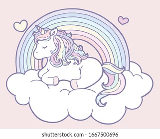 A unicorn lay down on a cloud with rainbow and hearts.