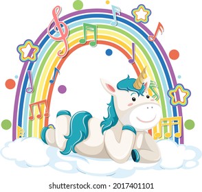 Unicorn laying on cloud with rainbow and melody symbol illustration