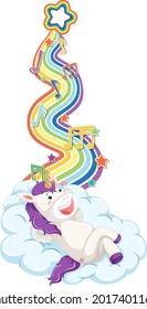 Unicorn laying on the cloud with rainbow on white background illustration