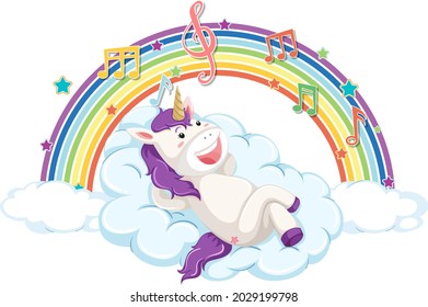 Unicorn laying on cloud with rainbow and melody symbol illustration