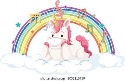 Ilustración de unicornio sobre la nube con un arco iris y una imagen con símbolo de melodía