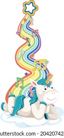 Unicornio sobre la nube con arco iris sobre la ilustración de fondo blanco