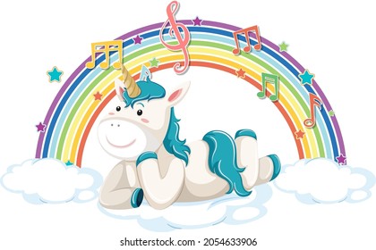 Unicorn laying on cloud with rainbow and melody symbol illustration