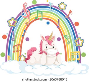 Unicorn laying on cloud with rainbow and melody symbol illustration