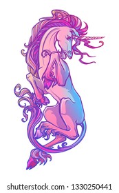 Unicorn laying on his back. Fantasy concept art for tattoo, logo, colouring books for kids and adults. Trendy color drawing isolated on white background. EPS10 vector illustration.