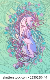 Unicorn laying on his back. Fantasy concept art for tattoo, logo, colouring books for kids and adults. Trendy color drawing with decorative background. EPS10 vector illustration.