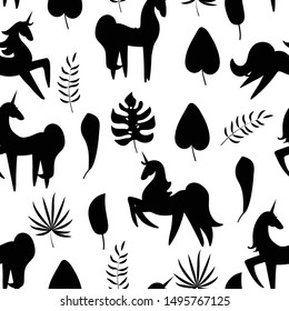 Unicorn and leaves pattern background vector illustration hand draw desing