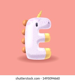 Unicorn letter E with sparkles. Cute magic handcrafted alphabet for princess. 3D collection of cartoon horses 