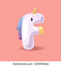 Unicorn letter F with sparkles. Cute magic handcrafted alphabet for princess. 3D collection of cartoon horses 