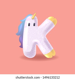 Unicorn letter K with sparkles. Cute magic handcrafted alphabet for princess. 3D collection of cartoon horses 