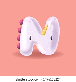 Unicorn letter N with sparkles. Cute magic handcrafted alphabet for princess. 3D collection of cartoon horses 