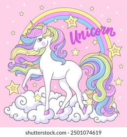 Unicorn lettering. Beautiful white cartoon unicorn with rainbow mane and tail. Happy mythical character. For children's design prints, posters, cards, stickers, puzzles, etc. Vector illustration