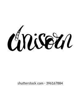 unicorn lettering text isolated calligraphic curly style. Inscription for prints, posters, cards, invitations. Hand drawn vector illustration, web design element, black on white 