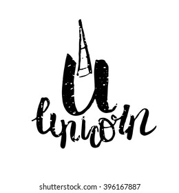 unicorn lettering text isolated calligraphic curly style. Inscription for prints, posters, cards, invitations. Hand drawn vector illustration, web design element, black on white 