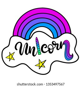 Unicorn lettering vector illustration in rainbow colors, flat style. Baby clothes design, fabric print, sticker, poster. Cute nursery decoration. Fantastic animals from fairy tales for children. EPS10