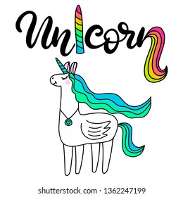 Unicorn lettering vector illustration in rainbow colors, flat style. Baby clothes design. Cute nursery decoration. Fantastic animals from fairy tales for children. EPS10