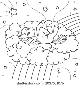 The unicorn lies on the clouds against the background of the starry sky. Coloring book. Vector illustration isolated on white background