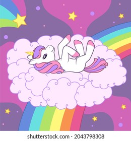 The unicorn lies on the clouds against the background of the starry sky. Coloring book. Colorful vector illustration for cards, books, t-shirts