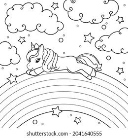 The unicorn lies on the rainbow against the background of the starry sky. Coloring book page. Vector illustration isolated on white background