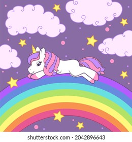 The unicorn lies on the rainbow against the background of the starry sky. Colorful vector illustration for cards, books, t-shirts